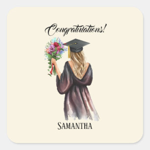 Pegatina Cuadrada Graduación personalizada de acuarela (11)