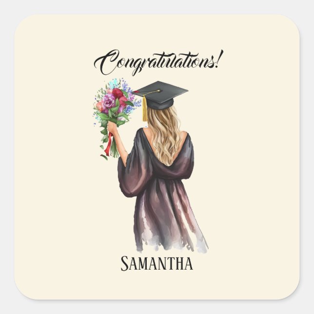 Pegatina Cuadrada Graduación personalizada de acuarela (11) (Anverso)