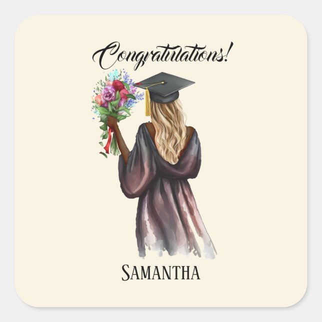 Pegatina Cuadrada Graduación personalizada de acuarela (14) (Anverso)