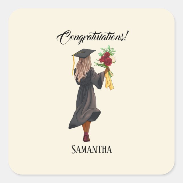 Pegatina Cuadrada Graduación personalizada de acuarela (5) (Anverso)
