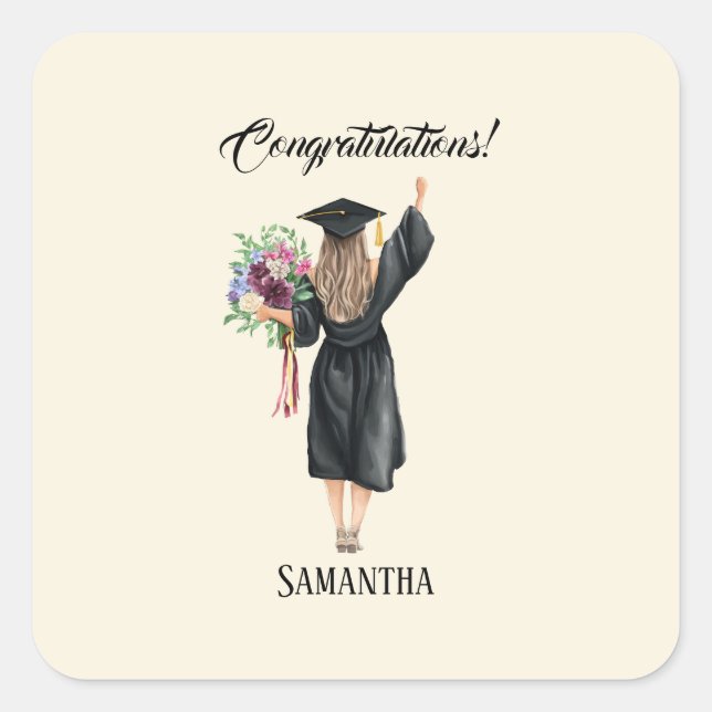 Pegatina Cuadrada Graduación personalizada de acuarela (8) (Anverso)