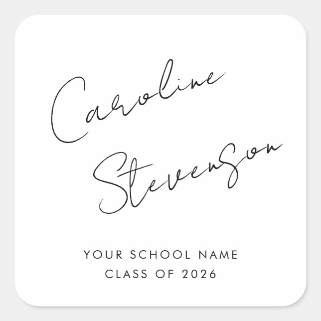 Pegatina Cuadrada Graduación personalizada de escritura blanca negra (Anverso)