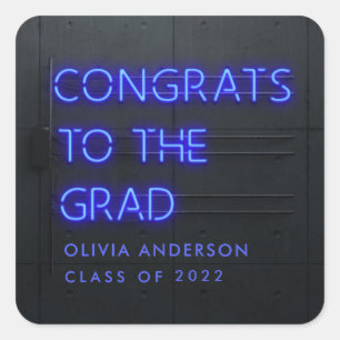 Pegatina Cuadrada Graduación tipografía azul neón congrats modernos