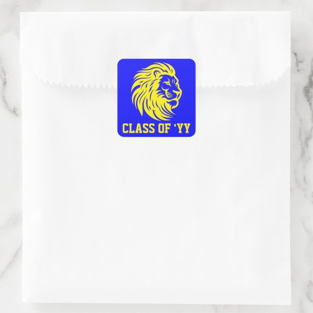 Pegatina Cuadrada Graduado azul y amarillo de la mascota del león (Bolso)