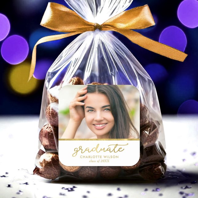 Pegatina Cuadrada Graduado de fotografía en blanco y oro (Subido por el creador)