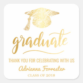 Pegatina Cuadrada Graduado de oro manuscrito | Grad Gorra | Gracias