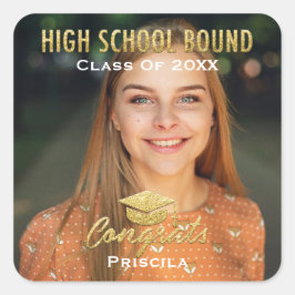 Pegatina Cuadrada Graduado Foto Nombre Purpurina Oro Escuela Secunda