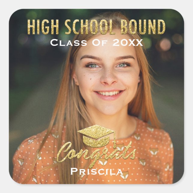 Pegatina Cuadrada Graduado Foto Nombre Purpurina Oro Escuela Secunda (Anverso)