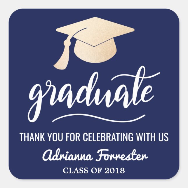 Pegatina Cuadrada Graduado manuscrito| Gorra| Gracias Azul Marina (Anverso)