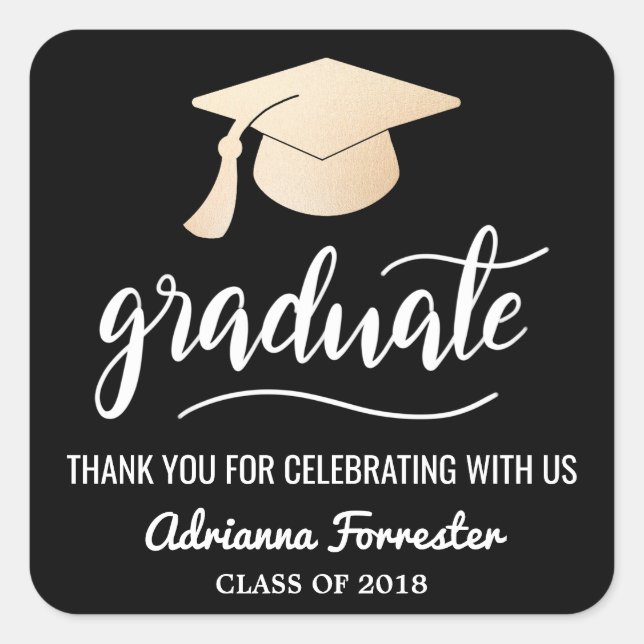 Pegatina Cuadrada Graduado manuscrito | Grad Gorra | Gracias Black (Anverso)