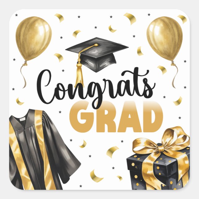 Pegatina Cuadrada Graduation Neutral Black Gold High School College (Anverso)