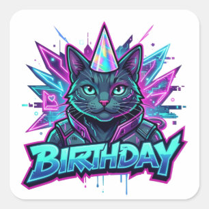 Pegatina Cuadrada Gráfica de fiesta de cumpleaños de gato ciberpunk