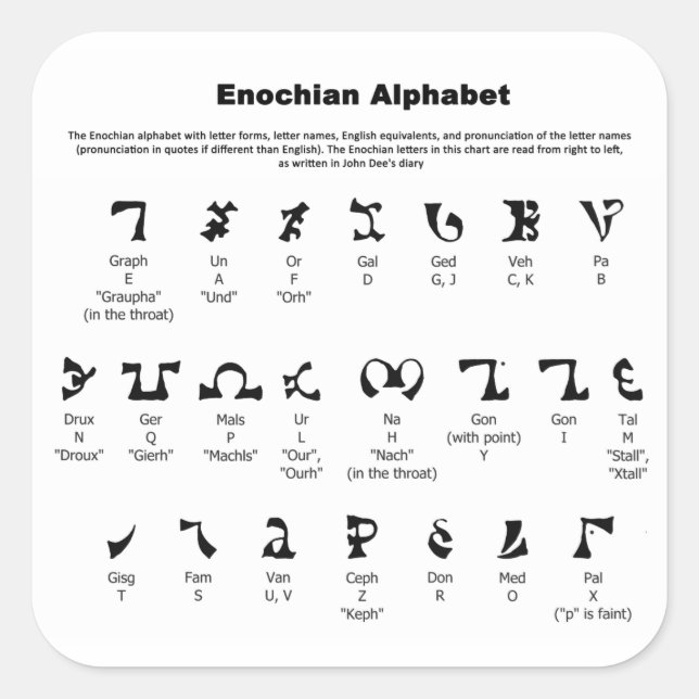 Pegatina Cuadrada Gráfico alfabético de Enochian (Anverso)