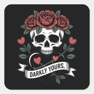 Pegatina Cuadrada Gráfico Darkly Yours: Calavera Gótica con Rosas Ro