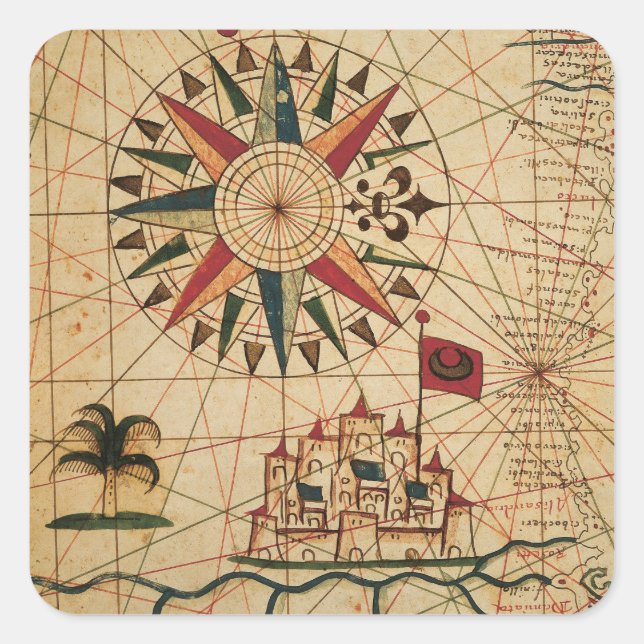 Pegatina Cuadrada Gráfico Portolan | Mapa de El Cairo, Egipto (Anverso)