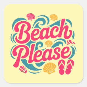 Pegatina Cuadrada Gráfico Retro con Tipografía Rosa: Por Favor Playa