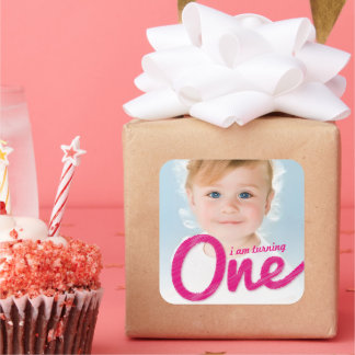 Pegatina Cuadrada Gran Boceto Favor de Cumpleaños Número Uno de una 