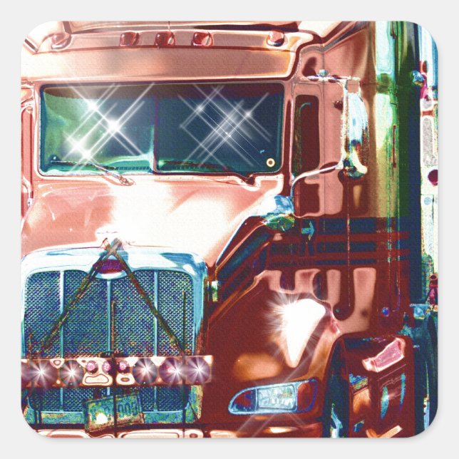 Pegatina Cuadrada Gran camión pesado rojo para camioneros y amantes  (Anverso)