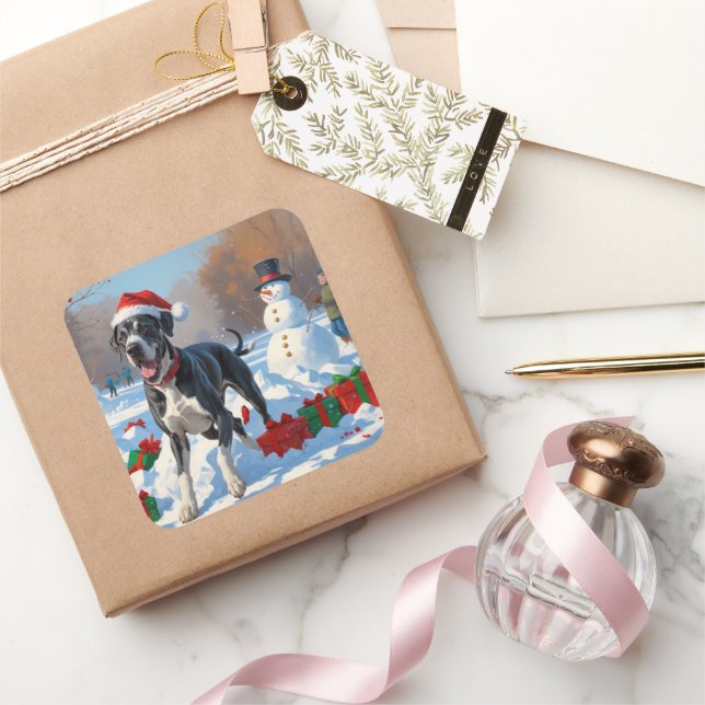 Pegatina Cuadrada Gran danés corriendo en nieve con Gorra Navidad (Regalar)