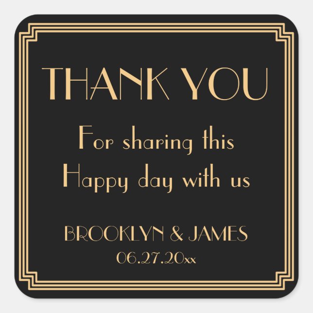 Pegatina Cuadrada Gran Gatsby Art Deco Pegatinas de la boda negra (Anverso)