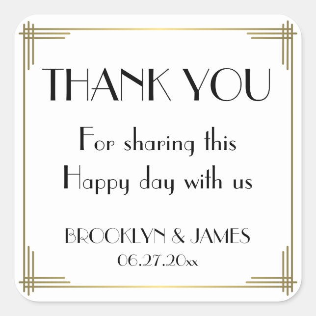 Pegatina Cuadrada Gran Gatsby Blanco Art Deco Pegatinas de boda (Anverso)