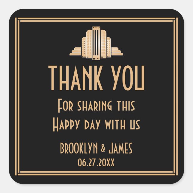 Pegatina Cuadrada Gran Gatsby de Art Deco Pegatinas de la boda negra (Anverso)