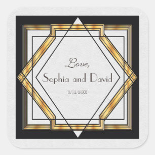 Pegatina Cuadrada Gran Gatsby Gold Boda Art Deco Blanco