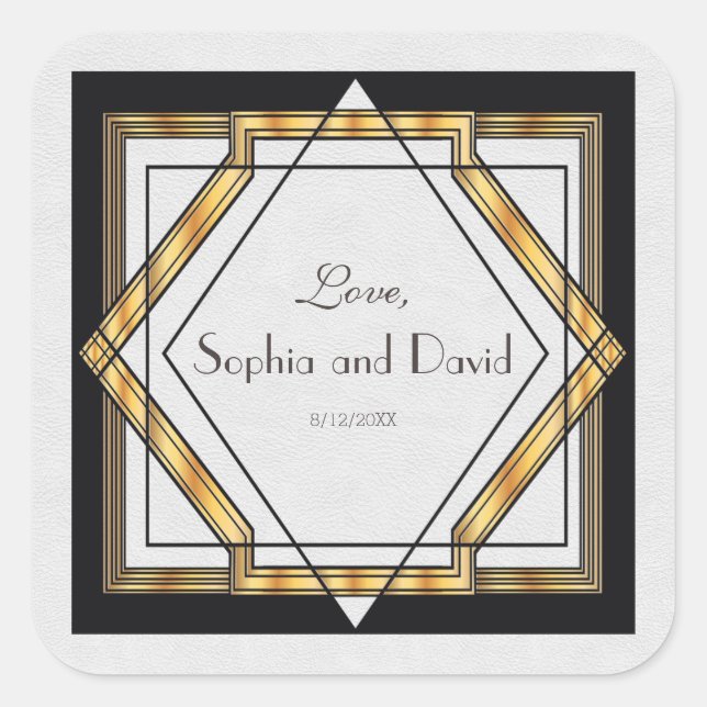 Pegatina Cuadrada Gran Gatsby Gold Boda Art Deco Blanco (Anverso)