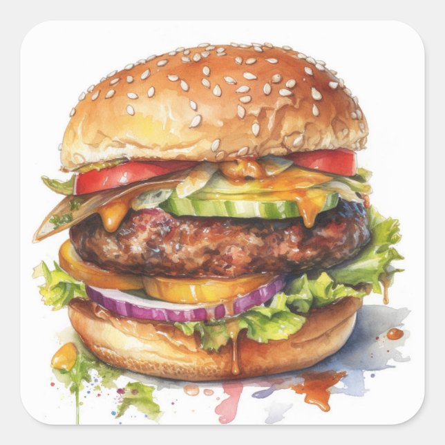 Pegatina Cuadrada gran hamburguesa jugosa - acuarela (Anverso)