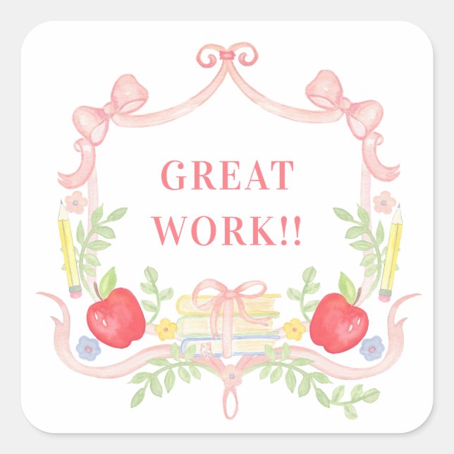 Pegatina Cuadrada Gran trabajo | Escudo de aula (Anverso)