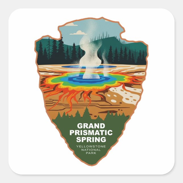 Pegatina Cuadrada Grand Prismatic Spring Yellowstone Arrowhead (Anverso)