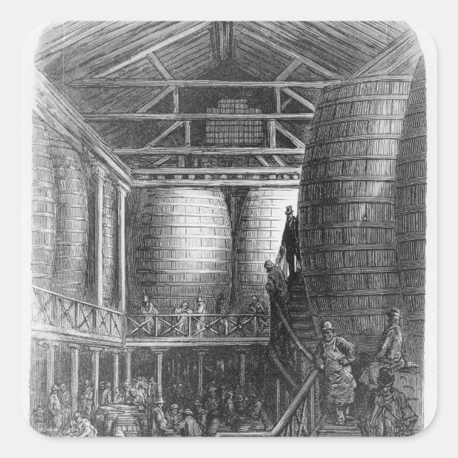 Pegatina Cuadrada Grandes barriles en una fábrica de cerveza (Anverso)