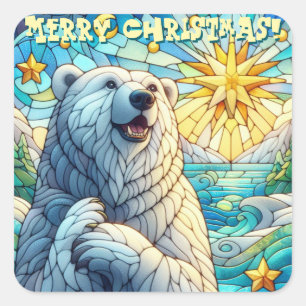 Pegatina Cuadrada Grandioso y caprichoso oso polar Faux Stained Glas