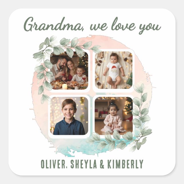 Pegatina Cuadrada Grandma we love you 6 Photo Collage Eucalyptus (Anverso)