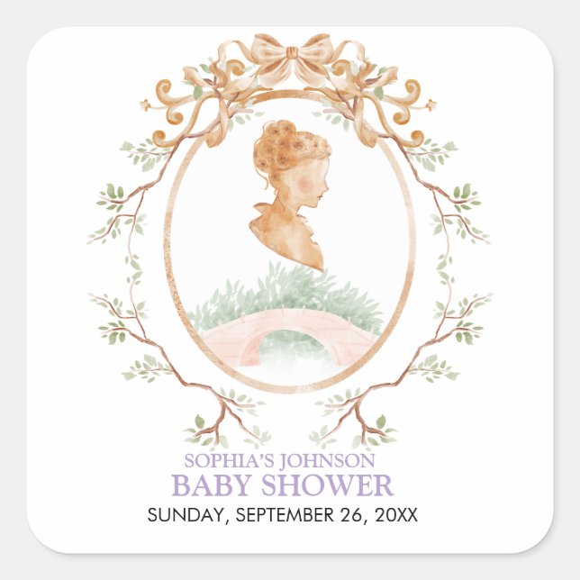 Pegatina Cuadrada Grandmillennial Wisteria Baby Shower (Anverso)