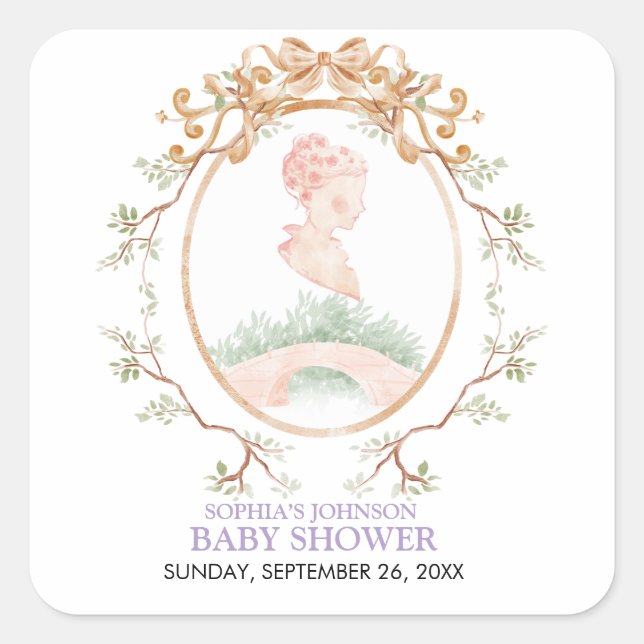 Pegatina Cuadrada Grandmillennial Wisteria Baby Shower (Anverso)