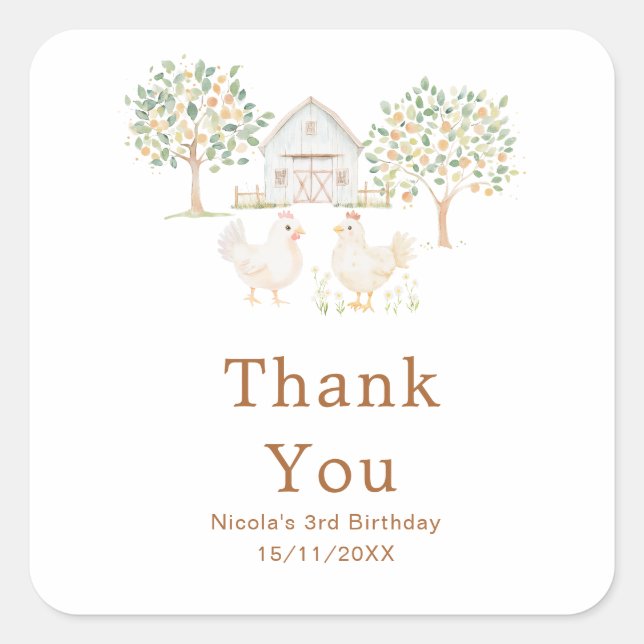Pegatina Cuadrada Granja de gallinas lindas fiesta de cumpleaños del (Anverso)