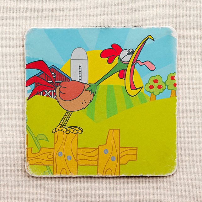 Pegatina Cuadrada Granja de gallo cantor divertido (Subido por el creador)