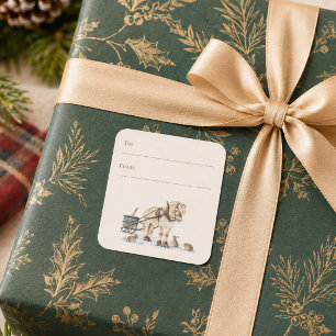 Pegatina Cuadrada Granja de Navidad Caballo Animales Invierno Para D