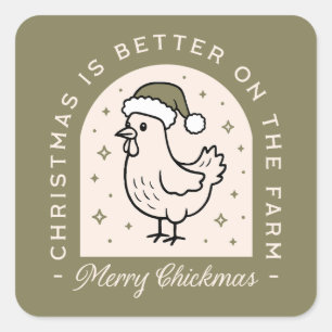 Pegatina Cuadrada Granja de Navidad con pollo estilo cottagecore ver