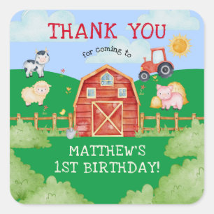 Pegatina Cuadrada Granja de niños lindos/Cumpleaños de corral de gra