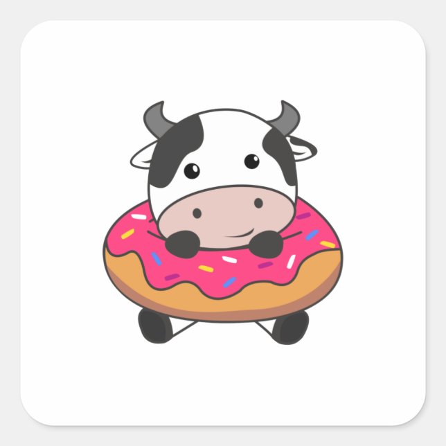 Pegatina Cuadrada Granja De Vaca En Donut Kawaii Vacas Donuts (Anverso)