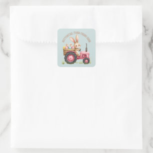 Pegatina Cuadrada Granja del conejo de Pascua caprichosa Tractor vin