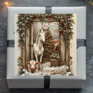 Pegatina Cuadrada Granja rústica Vaca País Caballo Feliz Navidad