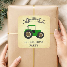 Pegatina Cuadrada Granja Verde Tractor Cumpleaños de Niños Fiesta