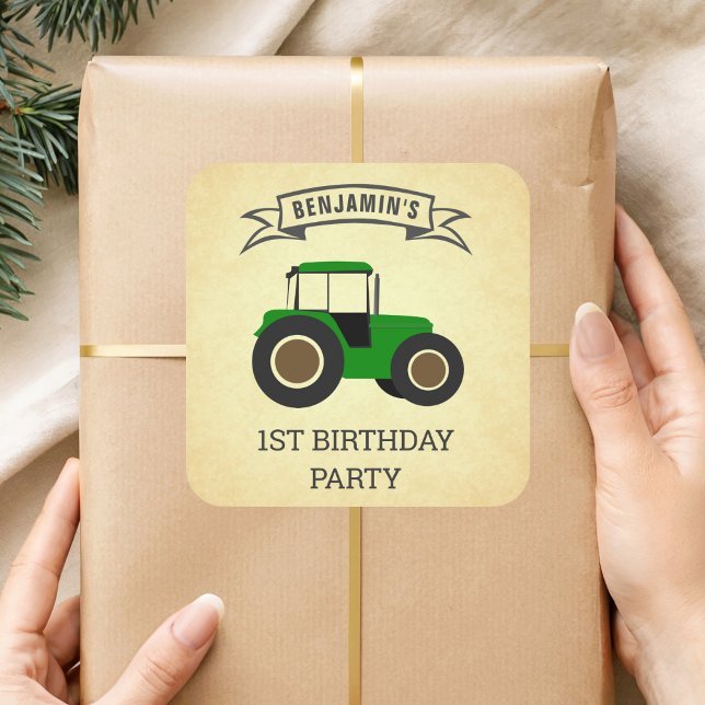 Pegatina Cuadrada Granja Verde Tractor Cumpleaños de Niños Fiesta (Subido por el creador)