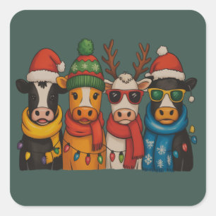 Pegatina Cuadrada Granjero Amante de la Vaca de Navidad Granja Santa