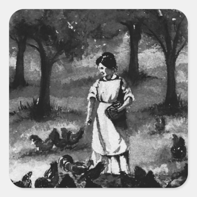 Pegatina Cuadrada Granjero de pollo en el patio trasero (Anverso)