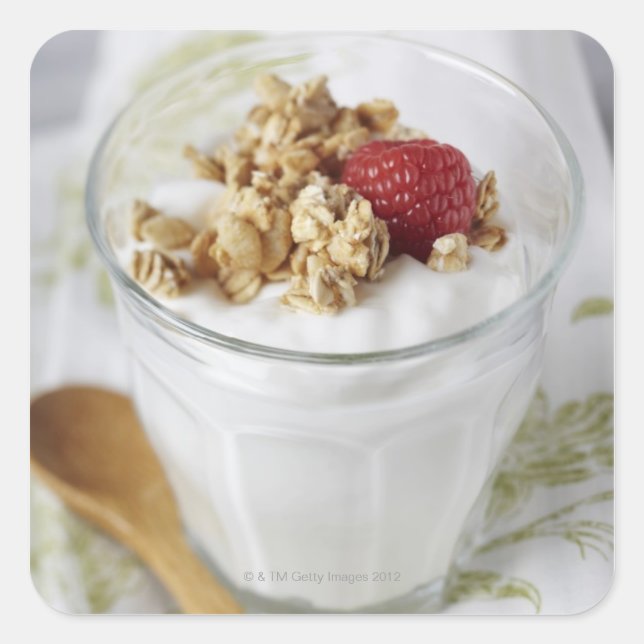 Pegatina Cuadrada Granola, avena, tostada, fruta, berry, frambuesa (Anverso)