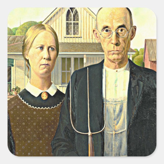 Pegatina Cuadrada Grant Wood - American Gothic, (Anverso)